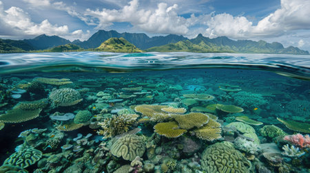 A lagoon with a vibrant coral reef visible beneath the surface, teeming with marine life.の素材