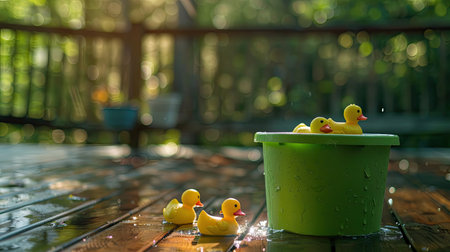 A grass green bucket filled with water and a few floating, bright yellow rubber ducks sits on a wooden deck, creating a playful summertime scene.の素材