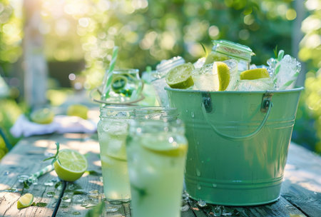A grass green bucket filled with ice and refreshing lemonade jars sits on a rustic wooden table during a sunny garden party.の素材