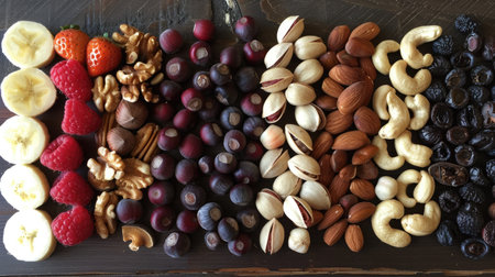 A selection of fruit and nut trail mix, perfect for a quick and healthy snack.の素材