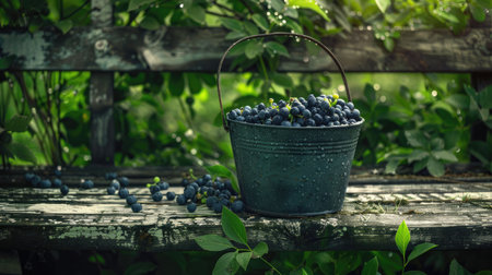 A grass green bucket filled with plump blueberries is placed on a weathered wooden bench, surrounded by lush greenery and morning dew.の素材
