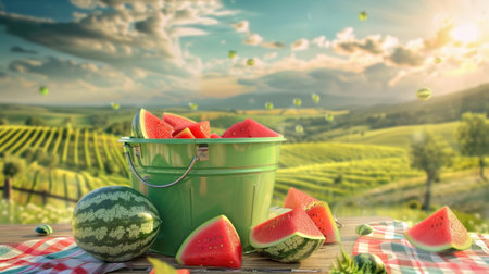 A grass green bucket filled with juicy watermelon slices sits on a picnic table, with a summer landscape in the background.の素材
