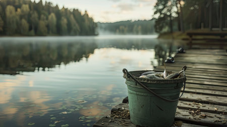 A grass green bucket packed with freshly caught fish sits on a dock, with a serene lake and forest in the background.の素材