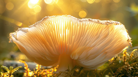 A stunning close-up of a mushroom with a translucent cap, backlit by the sun.の素材