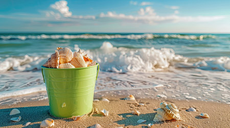 A grass green bucket overflowing with seashells is placed on the sandy beach, with the ocean waves gently crashing in the background.の素材