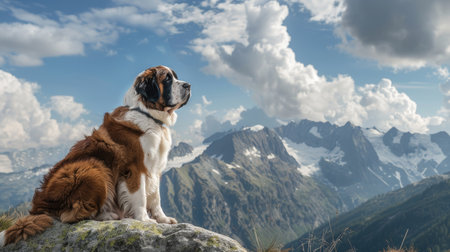 A Saint Bernard sitting majestically in the mountains, highlighting its large and gentle nature.の素材