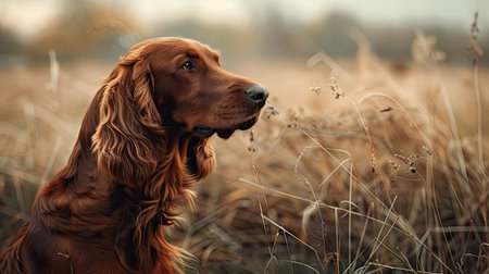 A regal Irish Setter with its silky red coat, standing gracefully in a field.の素材
