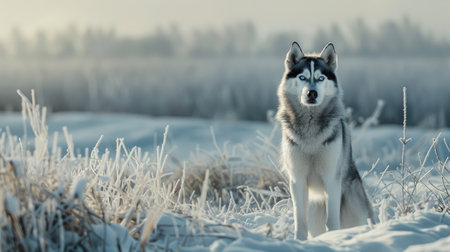 A regal Siberian Husky with striking blue eyes, standing in a snowy landscape.の素材