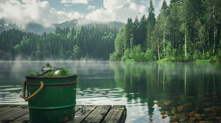 A grass green bucket packed with freshly caught fish sits on a dock, with a serene lake and forest in the background.の素材