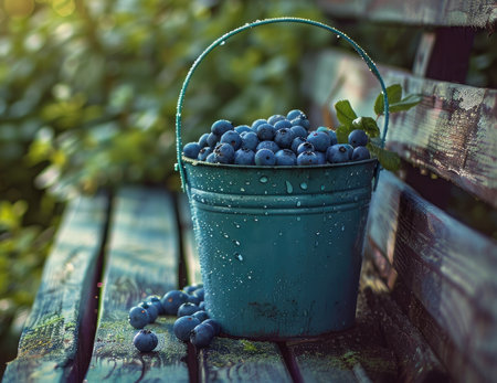 A grass green bucket filled with plump blueberries is placed on a weathered wooden bench, surrounded by lush greenery and morning dew.の素材