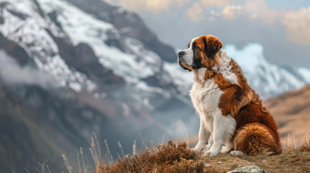 A Saint Bernard sitting majestically in the mountains, highlighting its large and gentle nature.の素材