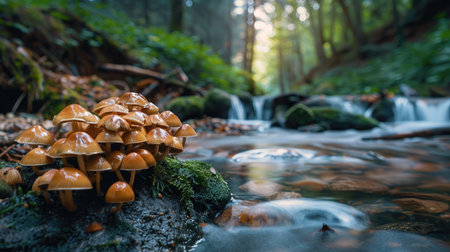 A serene image of mushrooms growing beside a clear, trickling forest stream.の素材