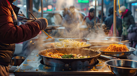 A street vendor serving steaming hot bowls of ramen with various toppings in a bustling urban setting.の素材