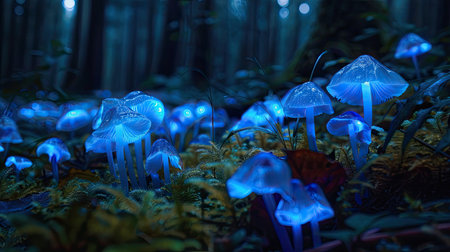 A striking image of bioluminescent mushrooms glowing softly in the dark forest.の素材