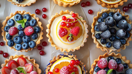 A selection of artisan fruit tarts with different toppings like berries and citrus slices.の素材