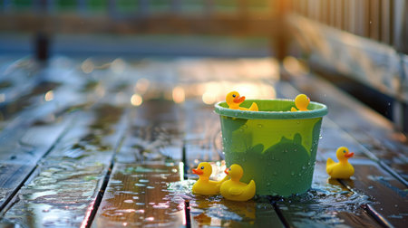 A grass green bucket filled with water and a few floating, bright yellow rubber ducks sits on a wooden deck, creating a playful summertime scene.の素材