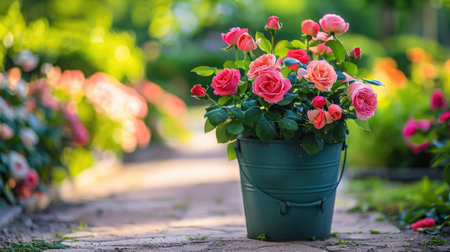 A grass green bucket packed with freshly cut roses sits on a garden path, with blooming flower beds in the background.の素材