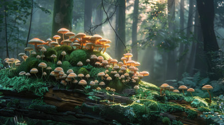 A serene forest scene with mushrooms growing in clusters on a mossy log.の素材
