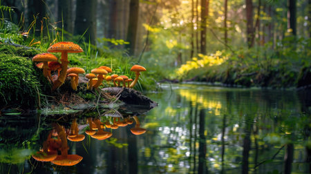A serene forest scene with mushrooms growing beside a clear stream, reflecting in the water.の素材