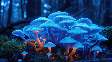A striking image of bioluminescent mushrooms glowing softly in the dark forest.の素材
