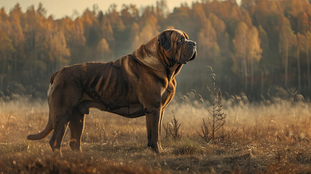 A regal Mastiff with its large, powerful build, standing proudly in a field.の素材