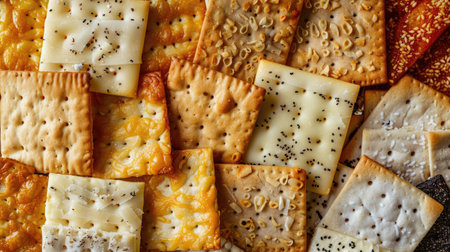 A variety of gourmet cheese crackers with different flavors and textures.の素材