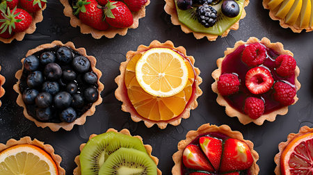 A selection of artisan fruit tarts with different toppings like berries and citrus slices.の素材