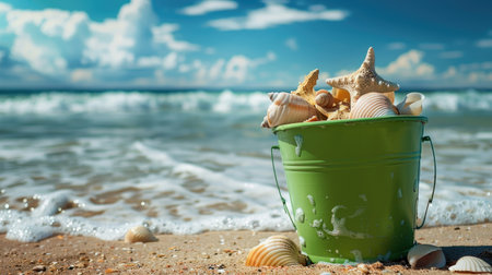 A grass green bucket overflowing with seashells is placed on the sandy beach, with the ocean waves gently crashing in the background.の素材