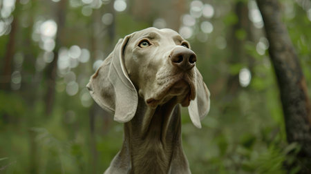 A striking Weimaraner with a sleek silver coat, standing alert in a forest.の素材