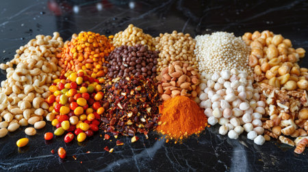 A variety of flavored nut mixes, including spicy, sweet, and savory options.の素材