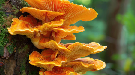 A vibrant image of bright orange chicken-of-the-woods mushrooms growing on a tree.の素材