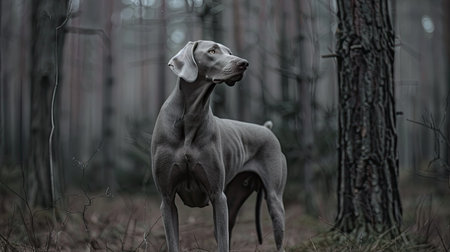 A striking Weimaraner with a sleek silver coat, standing alert in a forest.の素材