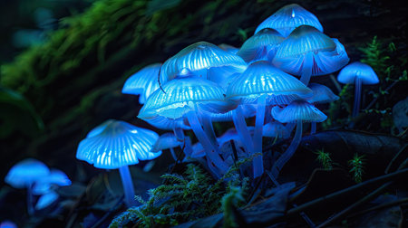 A striking image of bioluminescent mushrooms glowing softly in the dark forest.の素材
