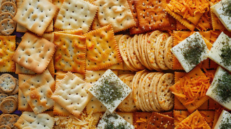 A variety of gourmet cheese crackers with different flavors and textures.の素材