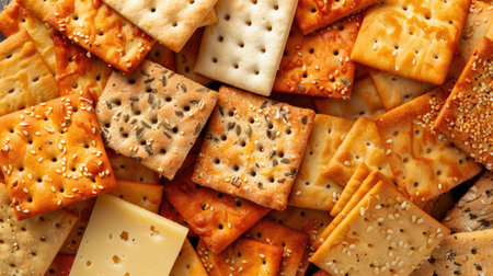 A variety of gourmet cheese crackers with different flavors and textures.の素材