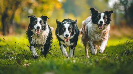 A trio of Border Collies herding sheep in a green pasture, demonstrating their agility and intelligence.の素材