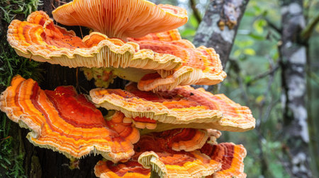 A vibrant image of bright orange chicken-of-the-woods mushrooms growing on a tree.の素材