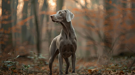 A striking Weimaraner with a sleek silver coat, standing alert in a forest.の素材