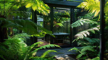 A garden house with a lush fern garden, creating a tranquil and shaded retreat.の素材