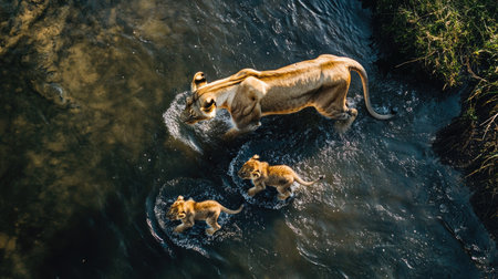Top view of a lioness carefully crossing a shallow river, leading her cubs across the waterの素材