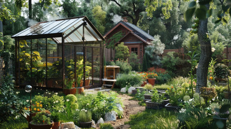 A garden house with a greenhouse attached, surrounded by a lush garden full of thriving plants.の素材