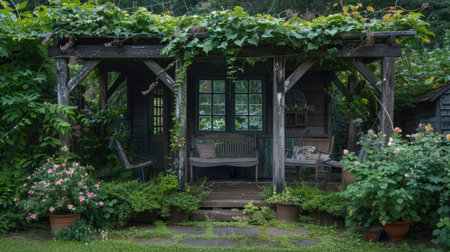 A garden house with a pergola covered in climbing plants, creating a shaded garden retreat.の素材