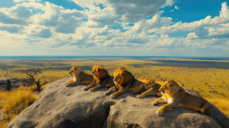 Top view of a lion pride basking in the sun on a rocky outcrop, with a vast savannah in the backgroundの素材