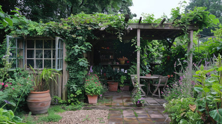 A garden house with a pergola covered in climbing plants, creating a shaded garden retreat.の素材