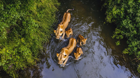 Top view of a lioness carefully crossing a shallow river, leading her cubs across the waterの素材