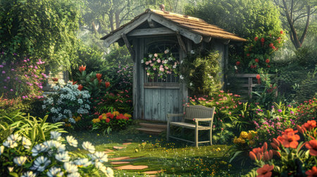 A garden house with a quaint bench in the garden, surrounded by blooming flowers and greenery.の素材
