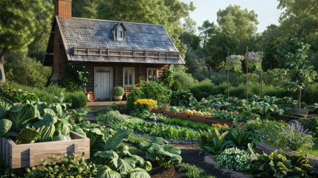 A garden house with a quaint vegetable patch, featuring a variety of fresh produce.の素材