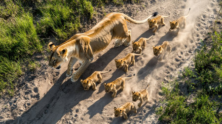 Top view of a lioness chasing after her cubs playfully, with cubs scampering in all directionsの素材