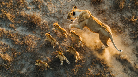 Top view of a lioness chasing after her cubs playfully, with cubs scampering in all directionsの素材