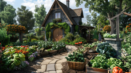 A garden house with a quaint vegetable patch, featuring a variety of fresh produce.の素材